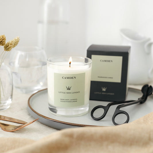 Little Miss Camden Candle on display plate lit